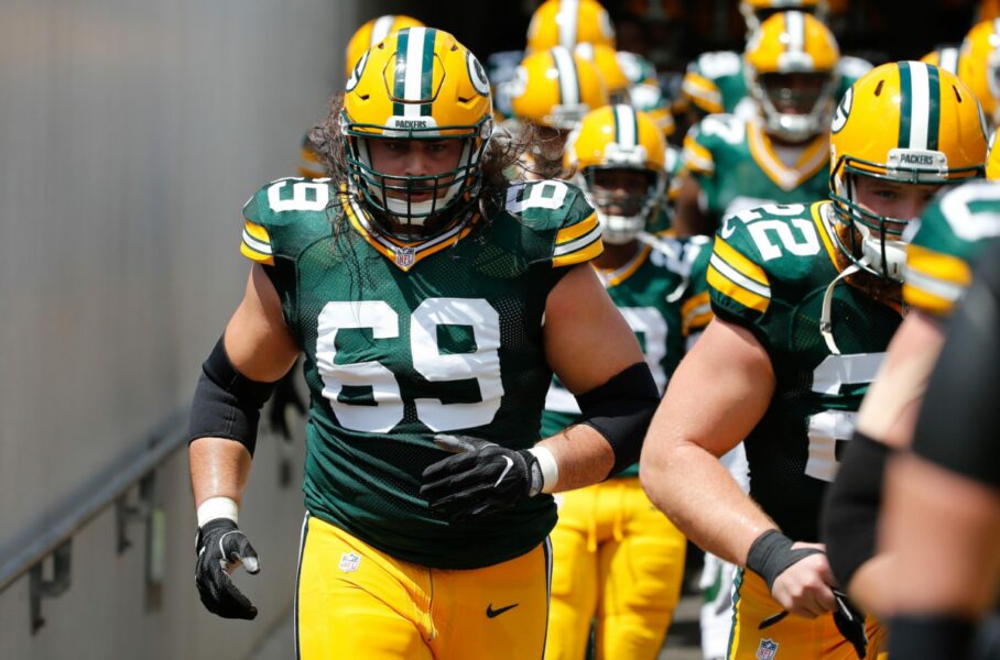 Sep 11, 2016; Jacksonville, FL, USA; Green Bay Packers tackle David Bakhtiari (69) and teammates run out of the tunnel before the game against the Jacksonville Jaguars at EverBank Field. Mandatory Credit: Kim Klement-USA TODAY Sports (NFL)