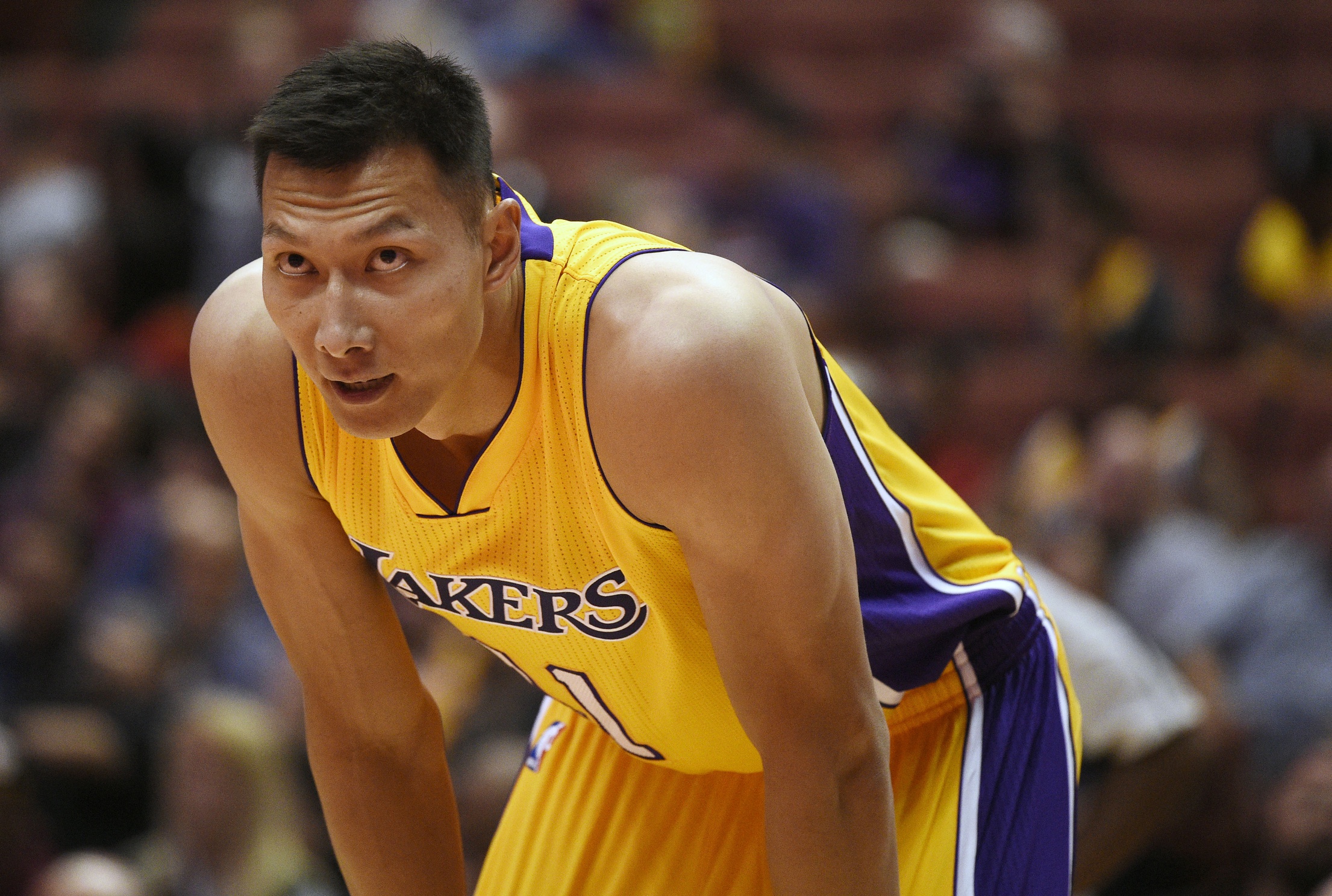 Oct 4, 2016; Anaheim, CA, USA; Los Angeles Lakers forward Yi Jianlian (11) in action during the first half against the Sacramento Kings at Honda Center. Mandatory Credit: Kelvin Kuo-USA TODAY Sports