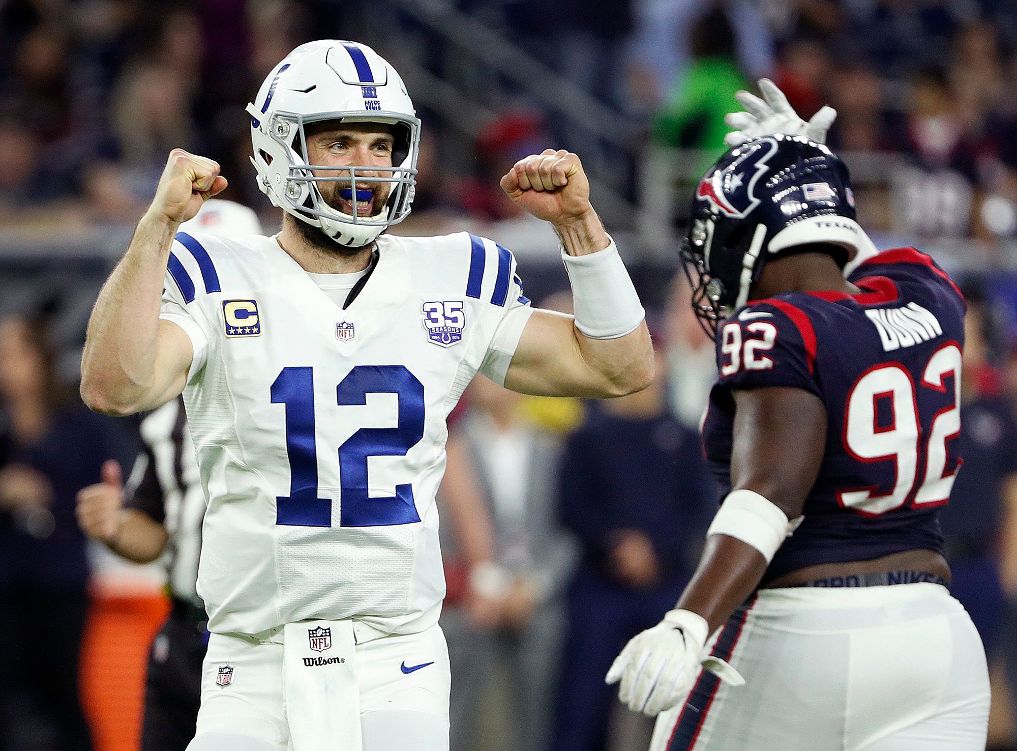 Indianapolis Colts quarterback Andrew Luck (12) begins to celebrate in the fourth quarter of their AFC Wild Card playoff game at NRG Stadium in Houston, TX., on Saturday, Jan. 5, 2019. Indianapolis Colts Play At Houston Texans