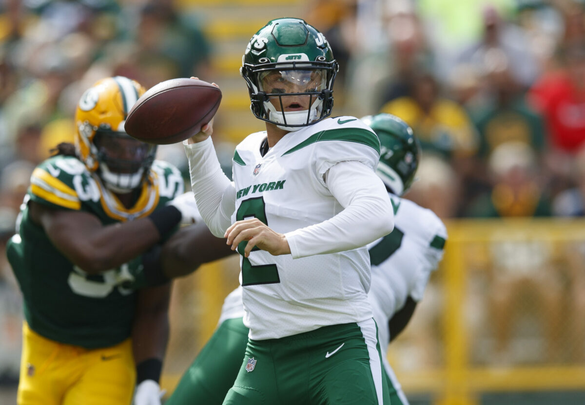 Aug 21, 2021; Green Bay, Wisconsin, USA; New York Jets quarterback Zach Wilson (2) throws a pass during the first quarter against the Green Bay Packers at Lambeau Field. Mandatory Credit: Jeff Hanisch-USA TODAY Sports