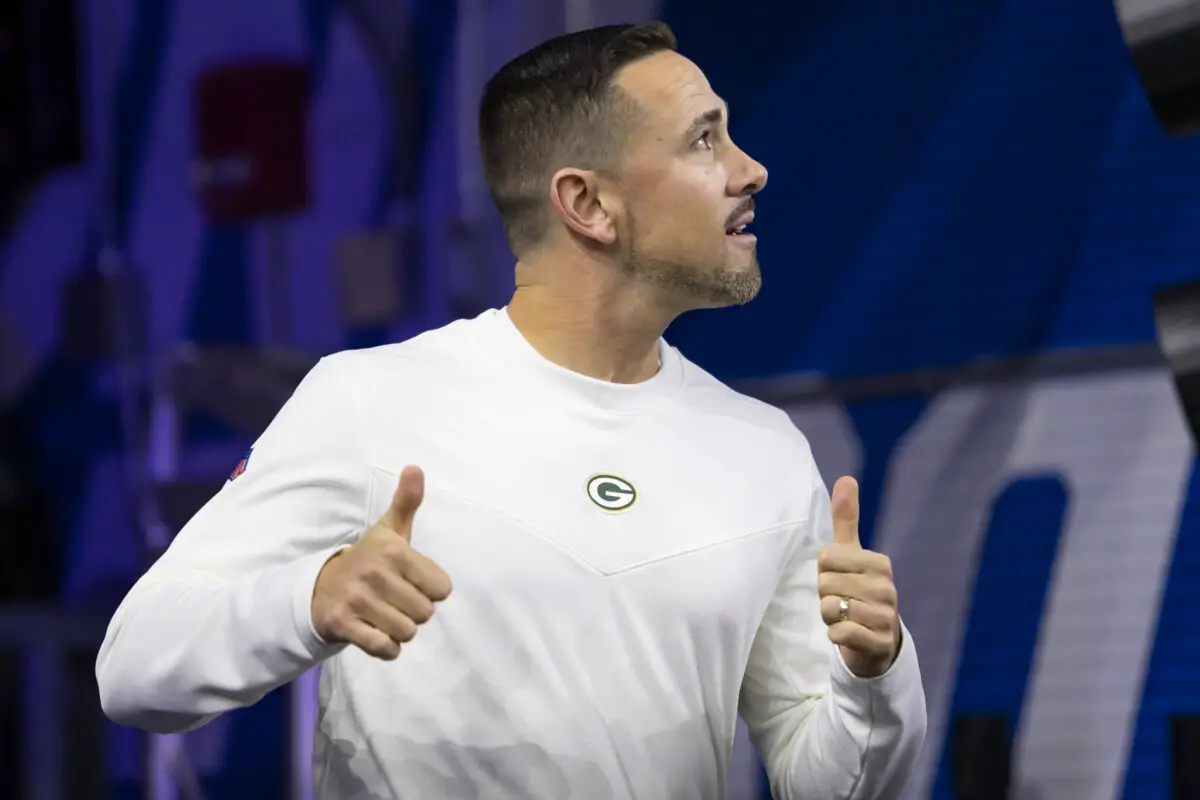 Jan 9, 2022; Detroit, Michigan, USA; Green Bay Packers head coach Matt LaFleur gives thumbs up to the fans before the game against the Detroit Lions at Ford Field. Mandatory Credit: Raj Mehta-USA TODAY Sports