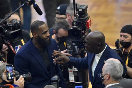 Feb 20, 2022; Cleveland, Ohio, USA; Lebron James and Michael Jordan on court during halftime during the 2022 NBA All-Star Game at Rocket Mortgage FieldHouse. Mandatory Credit: David Richard-USA TODAY Sports