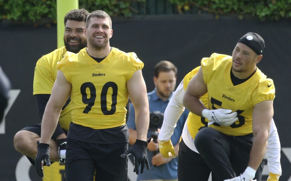 May 24, 2022; Pittsburgh, PA, USA; Pittsburgh Steelers defensive end Cameron Hayward (rear) and linebackers TJ Watt (90) and Alex Highsmith (56) participate in organized team activities at UPMC Rooney Sports Complex. Mandatory Credit: Charles LeClaire-USA TODAY Sports