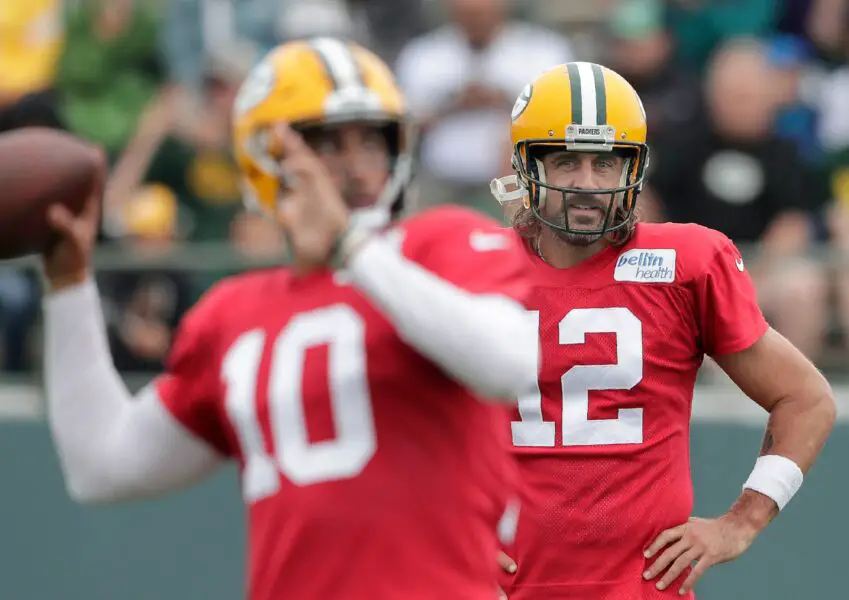 Green Bay Packers quarterback Jordan Love (10) and quarterback Aaron Rodgers (12) participate in training camp on Monday, Aug. 8, 2022, at Ray Nitschke Field in Ashwaubenon, Wis.Wm. Glasheen USA TODAY NETWORK-WisconsinApc Packers Training Camp 10501 080822wag