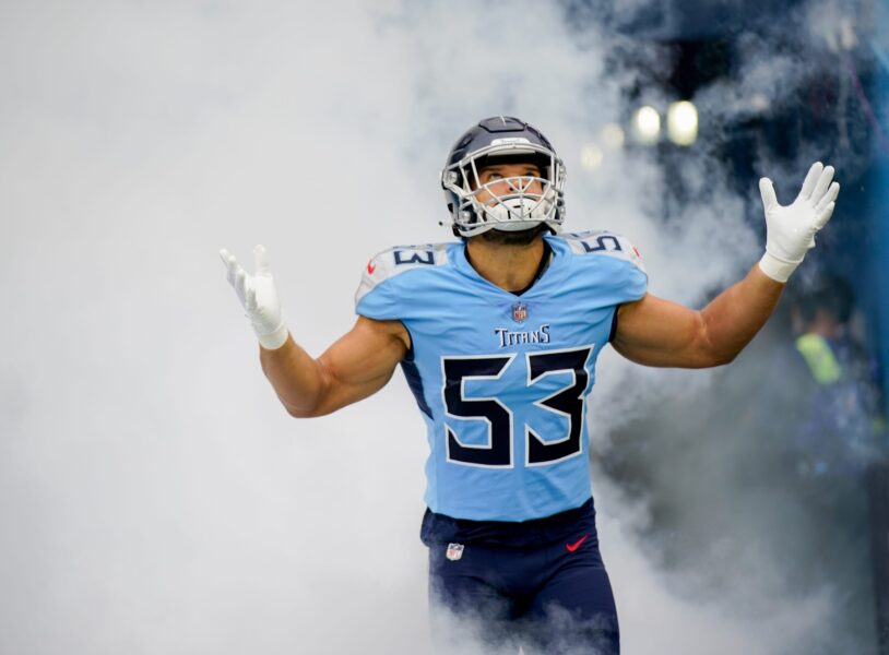 Tennessee Titans linebacker Dylan Cole (53) takes the field to face the Cincinnati Bengals at Nissan Stadium Sunday, Nov. 27, 2022, in Nashville, Tenn. Nfl Cincinnati Bengals At Tennessee Titans (Green Bay Packers)