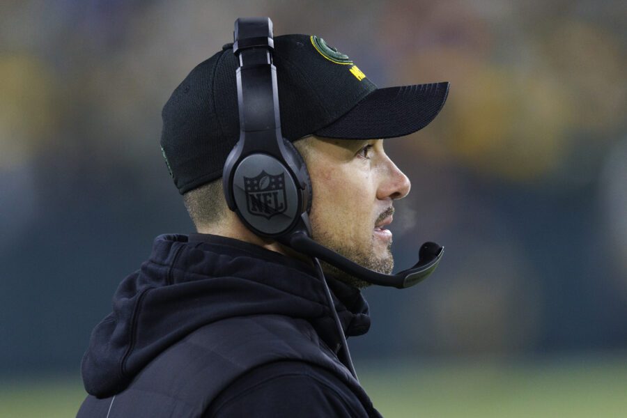 Jan 8, 2023; Green Bay, Wisconsin, USA; Green Bay Packers head coach Matt LaFleur looks on during the third quarter against the Detroit Lions at Lambeau Field. Mandatory Credit: Jeff Hanisch-USA TODAY Sports Aaron Jones