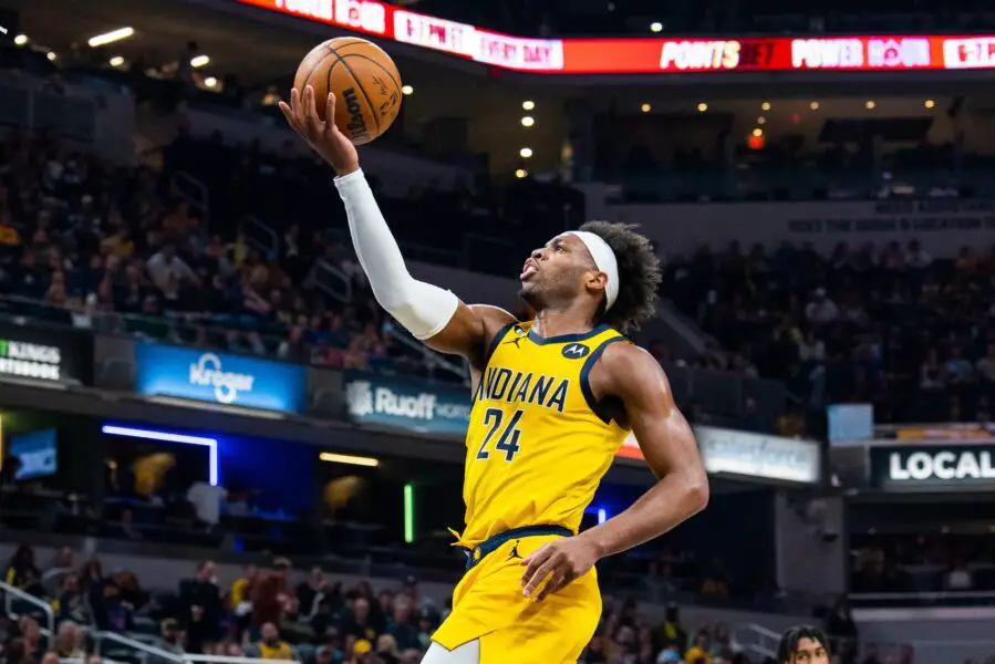 Apr 7, 2023; Indianapolis, Indiana, USA; Indiana Pacers guard Buddy Hield (24) shoots the ball in the first half against the Detroit Pistons at Gainbridge Fieldhouse. Mandatory Credit: Trevor Ruszkowski-USA TODAY Sports (Milwaukee Bucks)