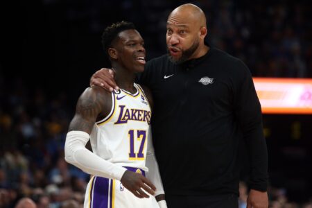 Apr 16, 2023; Memphis, Tennessee, USA; Los Angeles Lakers head coach Darvin Ham (right) talks with Los Angeles Lakers guard Dennis Schroder (17) during the first half during game one of the 2023 NBA playoffs at FedExForum. Mandatory Credit: Petre Thomas-USA TODAY Sports