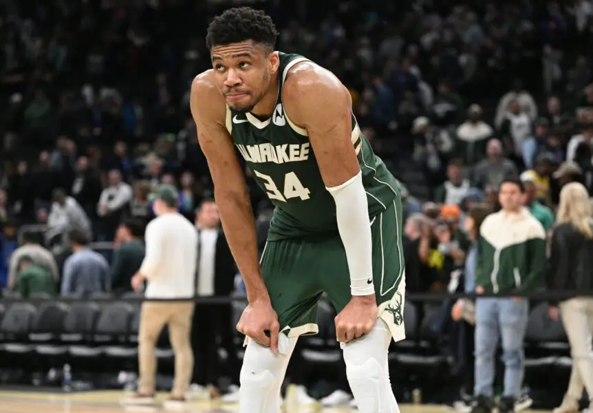 Apr 26, 2023; Milwaukee, Wisconsin, USA; Milwaukee Bucks forward Giannis Antetokounmpo (34) stands in the center of the court after a 128-126 loss to the Miami Heat during game five of the 2023 NBA Playoffs at Fiserv Forum. Mandatory Credit: Michael McLoone-USA TODAY Sports