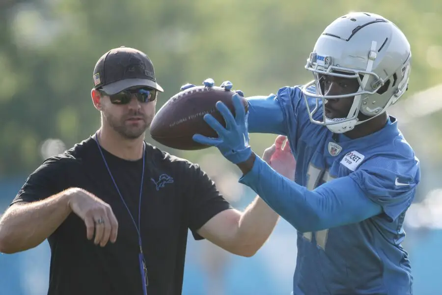 Detroit Lions wide receiver Denzel Mims practices during training camp at Detroit Lions Headquarters and Training Facility in Allen Park on Monday, July 24, 2023. © Junfu Han / USA TODAY NETWORK (Green Bay Packers)