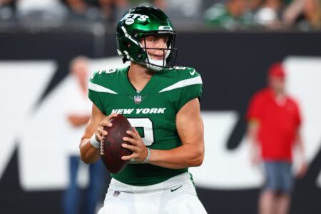 Aug 19, 2023; East Rutherford, New Jersey, USA; New York Jets quarterback Zach Wilson (2) looks to pass against the Tampa Bay Buccaneers during the first half at MetLife Stadium. Mandatory Credit: Ed Mulholland-USA TODAY Sports