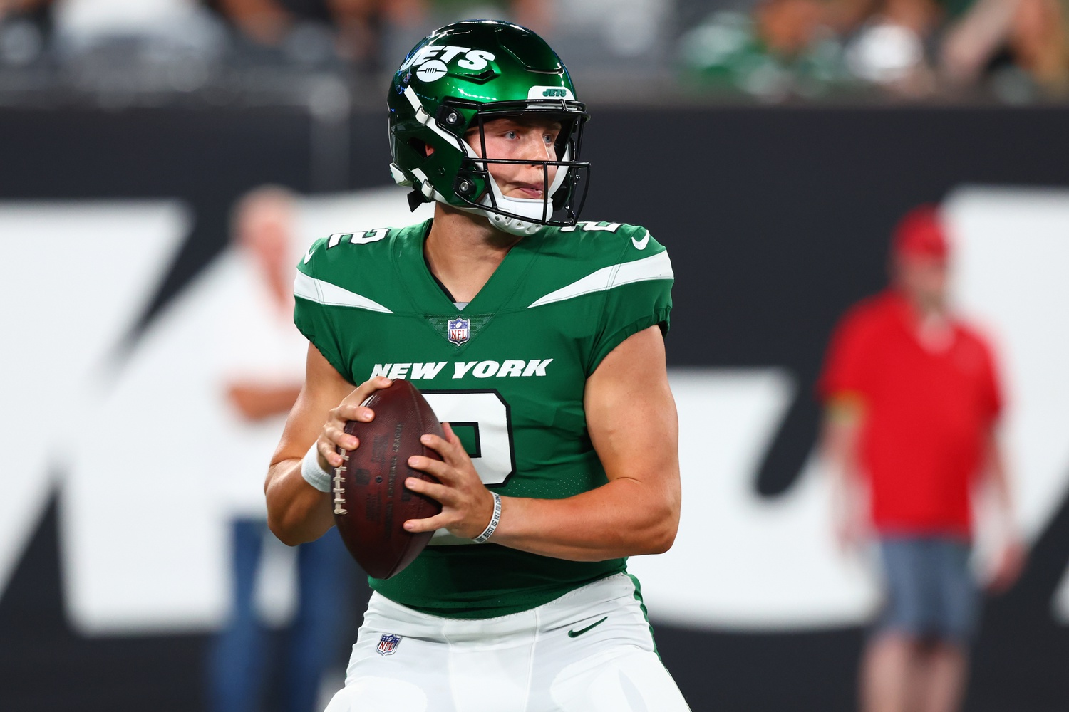 Aug 19, 2023; East Rutherford, New Jersey, USA; New York Jets quarterback Zach Wilson (2) looks to pass against the Tampa Bay Buccaneers during the first half at MetLife Stadium. Mandatory Credit: Ed Mulholland-USA TODAY Sports