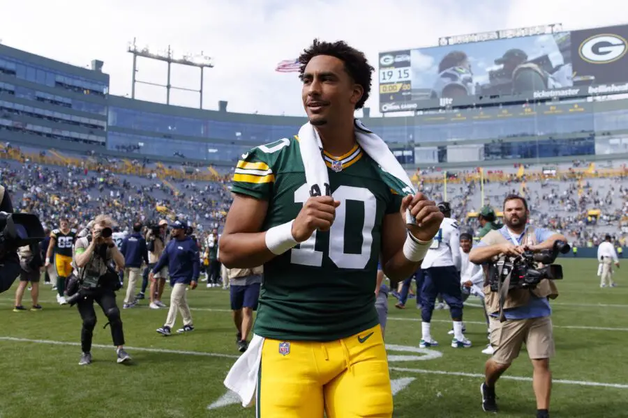 Aug 26, 2023; Green Bay, Wisconsin, USA; Green Bay Packers quarterback Jordan Love (10) walks off the field following the game against the Seattle Seahawks at Lambeau Field. Mandatory Credit: Jeff Hanisch-USA TODAY Sports