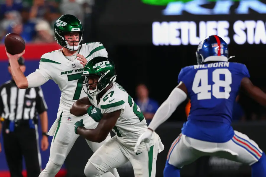 Aug 26, 2023; East Rutherford, New Jersey, USA; New York Jets quarterback Tim Boyle (7) throws a pass against the New York Giants during the second half at MetLife Stadium. Mandatory Credit: Ed Mulholland-USA TODAY Sports