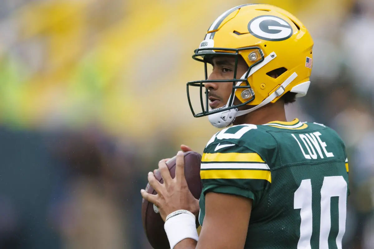 Aug 26, 2023; Green Bay, Wisconsin, USA; Green Bay Packers quarterback Jordan Love (10) during warmups prior to the game against the Seattle Seahawks at Lambeau Field. Mandatory Credit: Jeff Hanisch-USA TODAY Sports