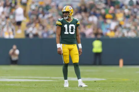 Aug 26, 2023; Green Bay, Wisconsin, USA; Green Bay Packers quarterback Jordan Love (10) during the game against the Seattle Seahawks at Lambeau Field. Mandatory Credit: Jeff Hanisch-USA TODAY Sports