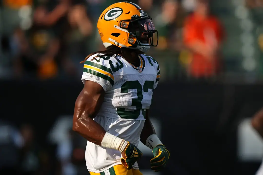 Green Bay Packers' Aaron Jones celebrates his touchdown run during the first  half of an NFL football game against the Chicago Bears Sunday, Sept. 18,  2022, in Green Bay, Wis. (AP Photo/Morry