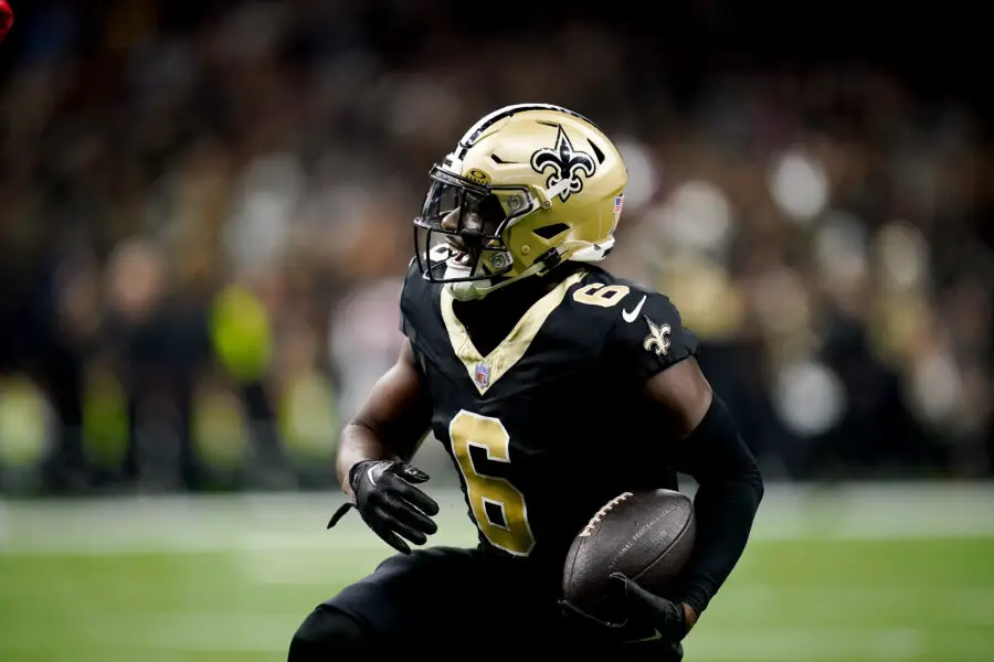 Sep 10, 2023; New Orleans, LA, USA; New Orleans Saints safety Marcus Maye (6) reacts after intercepting a Titans pass in the third quarter at Caesars Superdome. Mandatory Credit: Andrew Nelles-USA TODAY Sports