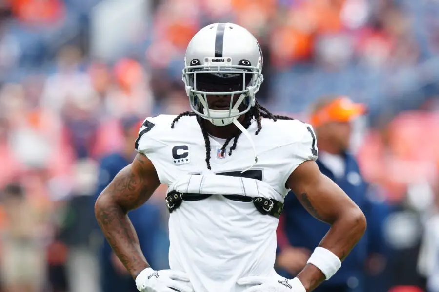 Sep 10, 2023; Denver, Colorado, USA; Las Vegas Raiders wide receiver Davante Adams before the game against the Denver Broncos at Empower Field at Mile High. Mandatory Credit: Ron Chenoy-USA TODAY Sports (Detroit Lions)