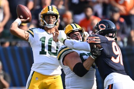 Sep 10, 2023; Chicago, Illinois, USA; Green Bay Packers quarterback Jordan Love (10) passes in the first half against the Chicago Bears at Soldier Field. Mandatory Credit: Jamie Sabau-USA TODAY Sports