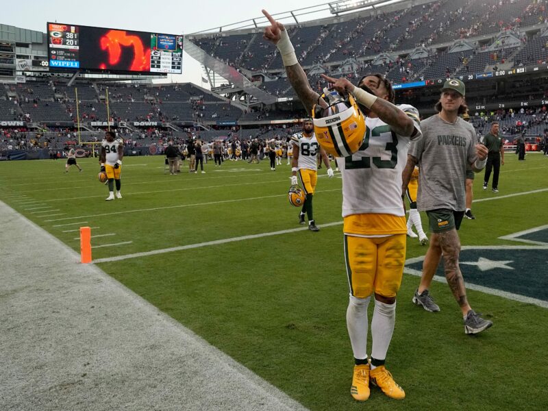Green Bay Packers cornerback Jaire Alexander (23) celebrates after their regular season opening game Sunday, September 10, 2023 at Soldier Field in Chicago, Ill. The Green Bay Packers beat the Chicago Bears, 38-20.
