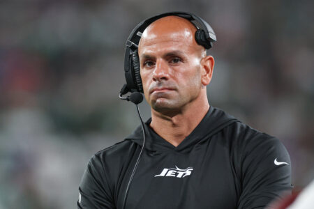 Sep 11, 2023; East Rutherford, New Jersey, USA; New York Jets head coach Robert Saleh looks on during the first half against the Buffalo Bills at MetLife Stadium. Mandatory Credit: Vincent Carchietta-USA TODAY Sports