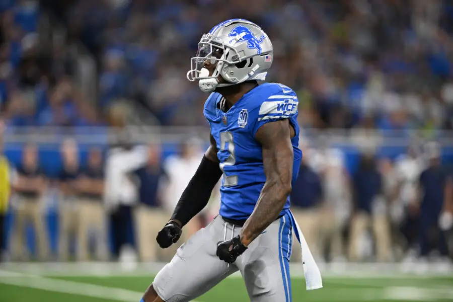 Sep 17, 2023; Detroit, Michigan, USA; Detroit Lions safety C.J. Gardner-Johnson (2) celebrates after tackling Seattle Seahawks running back Kenneth Walker III (9) (not pictured) for a loss in the third quarter at Ford Field. Mandatory Credit: Lon Horwedel-USA TODAY Sports (Green Bay Packers)