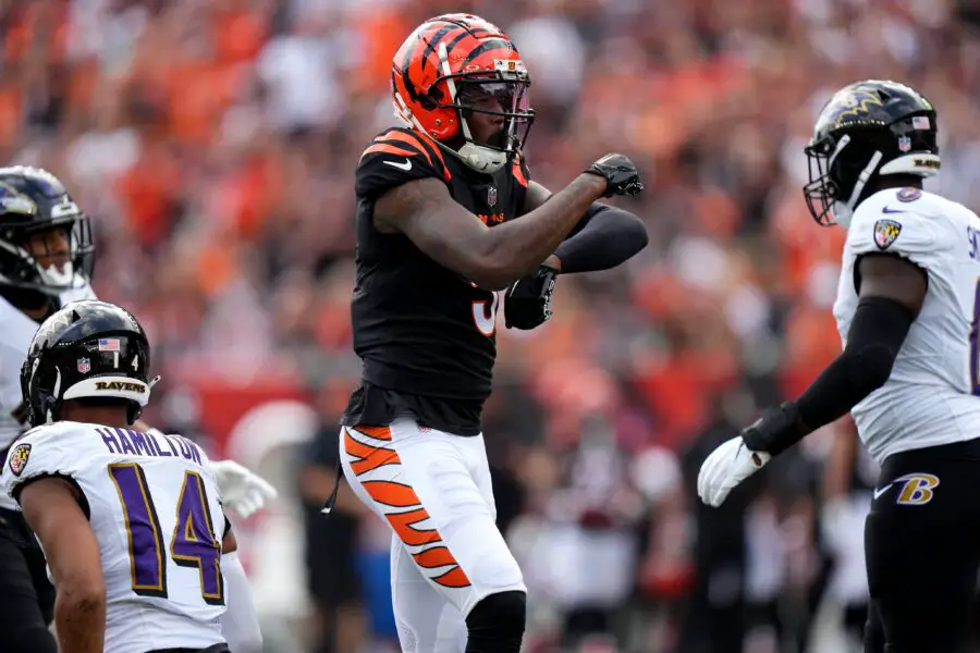 Cincinnati Bengals wide receiver Tee Higgins (5) celebrates a catch in the second quarter of a Week 2 NFL football game between the Baltimore Ravens and the Cincinnati Bengals Sunday, Sept. 17, 2023, at Paycor Stadium in Cincinnati. © Albert Cesare/The Enquirer / USA TODAY NETWORK