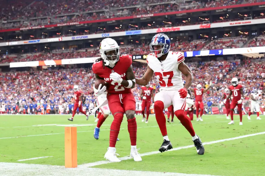 Sep 17, 2023; Glendale, Arizona, USA; Arizona Cardinals wide receiver Marquise Brown (2) catches a touchdown pass against New York Giants cornerback Tre Hawkins III (37) during the second half at State Farm Stadium. Mandatory Credit: Joe Camporeale-USA TODAY Sports
