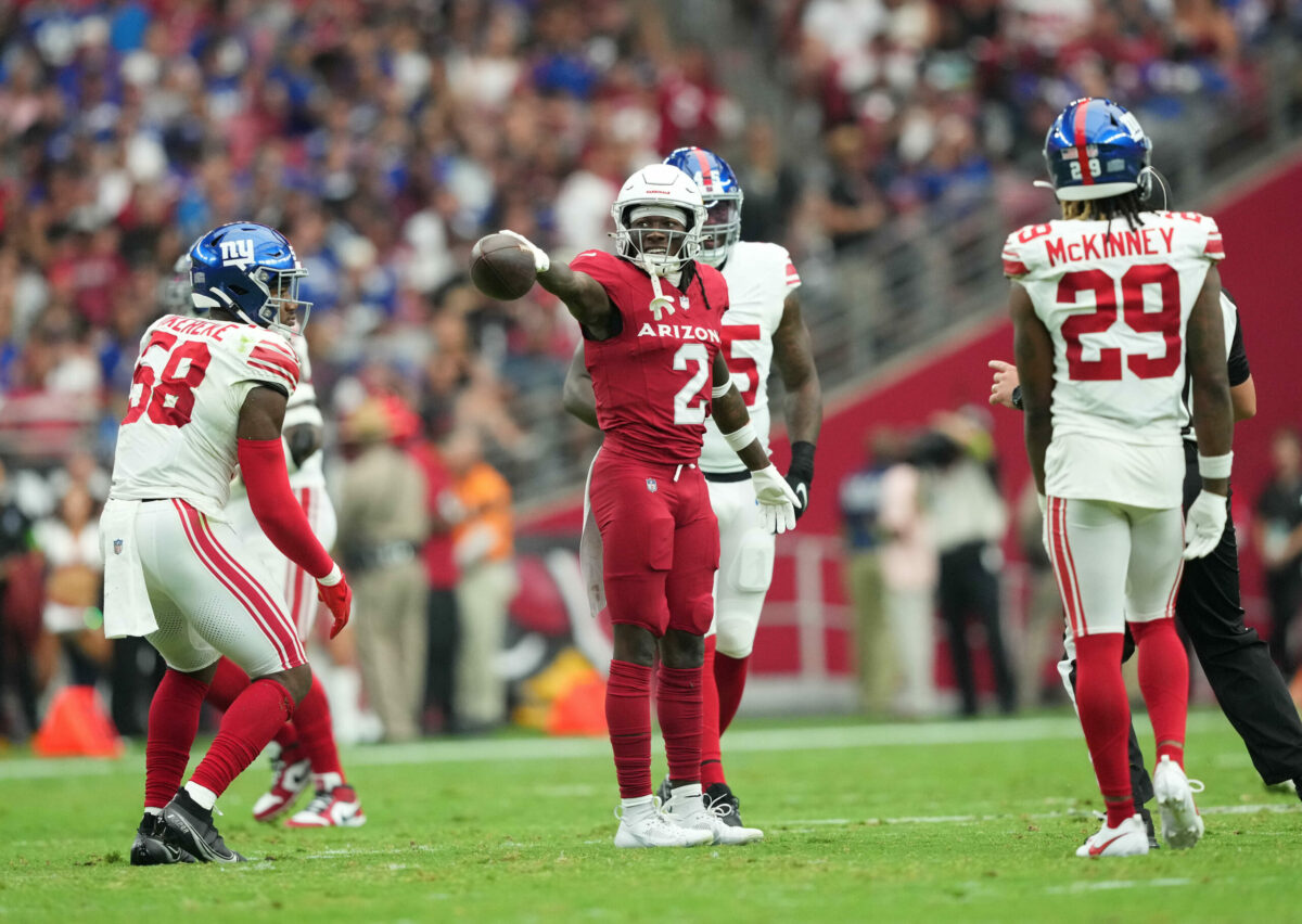 Sep 17, 2023; Glendale, Arizona, USA; Arizona Cardinals wide receiver Marquise Brown (2) celebrates a first down against the New York Giants during the first half at State Farm Stadium. Mandatory Credit: Joe Camporeale-USA TODAY Sports