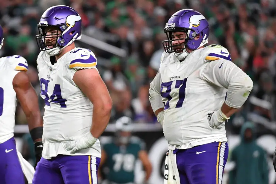 Sep 14, 2023; Philadelphia, Pennsylvania, USA; Minnesota Vikings defensive end Dean Lowry (94) and defensive tackle Harrison Phillips (97) against the Philadelphia Eagles at Lincoln Financial Field. Mandatory Credit: Eric Hartline-USA TODAY Sports
