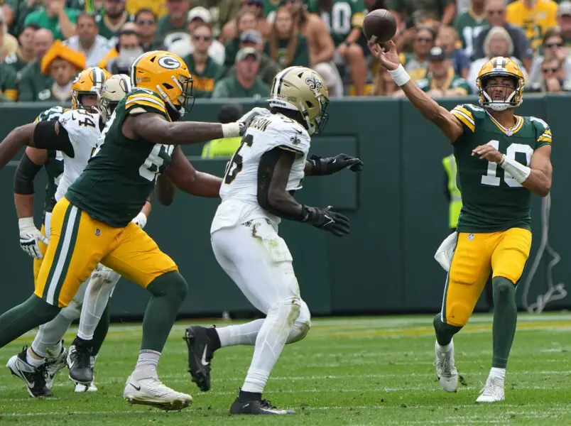 Green Bay Packers quarterback Jordan Love (10) throws a ball downfield during the second quarter of their game against the New Orleans Saints Sunday, September 24, 2023 at Lambeau Field in Green Bay, Wis.Mark Hoffman/Milwaukee Journal Sentinel