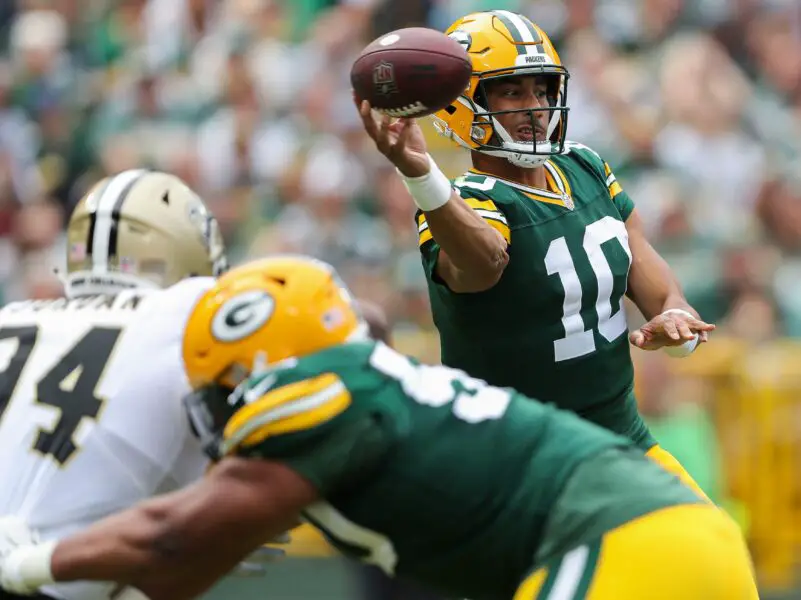 Green Bay Packers quarterback Jordan Love (10) passes the ball against the New Orleans Saints on Sunday, September 24, 2023, at Lambeau Field in Green Bay, Wis. The Packers came back from a 17-0 fourth-quarter deficit to win the game, 18-17.Tork Mason/USA TODAY NETWORK-Wisconsin