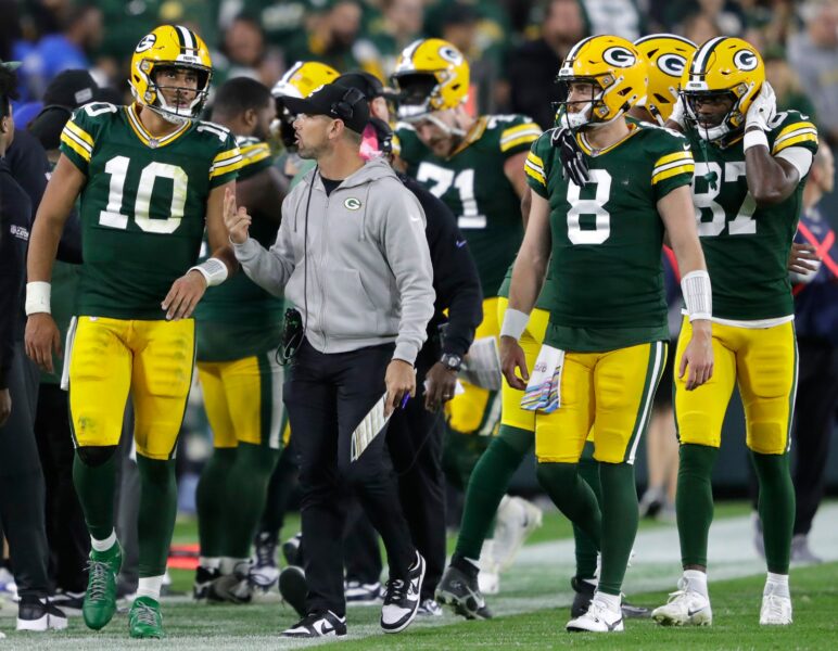 Green Bay Packers head coach Matt LaFleur talks with quarterback Jordan Love (10) after a failed two point conversion attempt againt the Detroit Lions during their football game Thursday, September 28, 2023, at Lambeau Field in Green Bay, Wis. Dan Powers/USA TODAY NETWORK-Wisconsin.