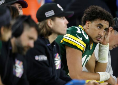 Green Bay Packers quarterback Jordan Love (10) sits on the bench after throwing a fourth quarter interception against the Detroit Lions during their football game Thursday, September 28, 2023, at Lambeau Field in Green Bay, Wis. Dan Powers/USA TODAY NETWORK-Wisconsin. Green Bay Packers quarterback Jordan Love (10) sits on the bench after throwing a fourth quarter interception against the Detroit Lions during their football game Thursday, September 28, 2023, at Lambeau Field in Green Bay, Wis. Dan Powers/USA TODAY NETWORK-Wisconsin.
