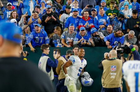 Detroit Lions fans cheer for running back David Montgomery (5) as he heads to the locker room after a football game against the Green Bay Packers on Thursday, September 28, 2023, at Lambeau Field in Green Bay, Wis. Montgomery scored three rushing touchdowns as the Lions won the game, 34-20. Tork Mason/USA TODAY NETWORK-Wisconsin