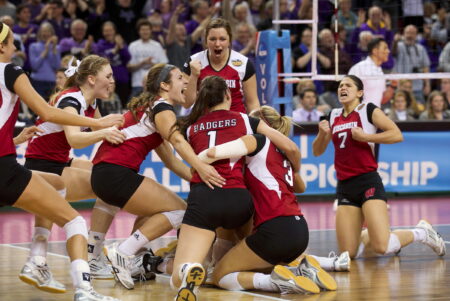Wisconsin Badgers volleyball celebrates the 2013 team.
