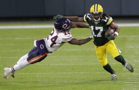 Nov 29, 2020; Green Bay, WI, USA; Green Bay Packers wide receiver Davante Adams (17) tries to elude Chicago Bears cornerback Buster Skrine (24) on a first quarter reception during their football game Sunday, November 29, 2020, at Lambeau Field in Green Bay, Wis. Mandatory Credit: Dan Powers-USA TODAY NETWORK