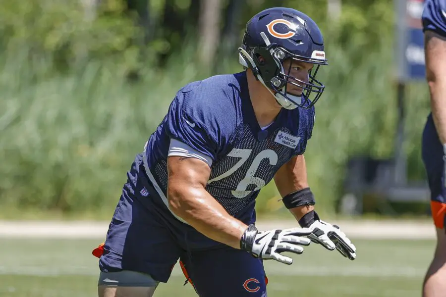 Jun 16, 2021; Lake Forest, Illinois, USA; Chicago Bears Teven Jenkins in action during minicamp at Halas Hall. Mandatory Credit: Kamil Krzaczynski-USA TODAY Sports (Green Bay Packers)