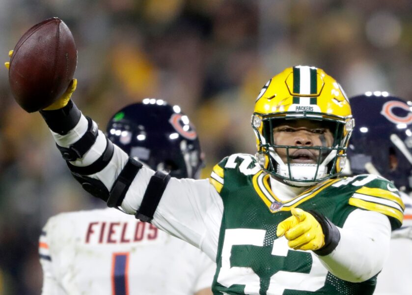 Green Bay Packers outside linebacker Rashan Gary (52) rtecovers a second half fumble against the Chicago Bears during their football game on Sunday December 12, 2021, at Lambeau Field in Green Bay, Wis. Wm. Glasheen USA TODAY NETWORK-Wisconsin Apc Packers Vs Bears10646 121221wag