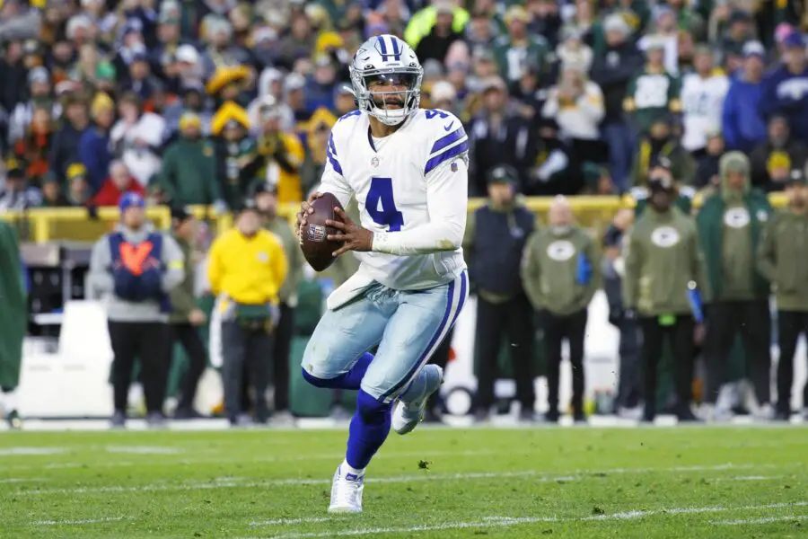 Nov 13, 2022; Green Bay, Wisconsin, USA; Dallas Cowboys quarterback Dak Prescott (4) throws a pass during the second quarter against the Green Bay Packers at Lambeau Field. Mandatory Credit: Jeff Hanisch-USA TODAY Sports (Green Bay Packers)