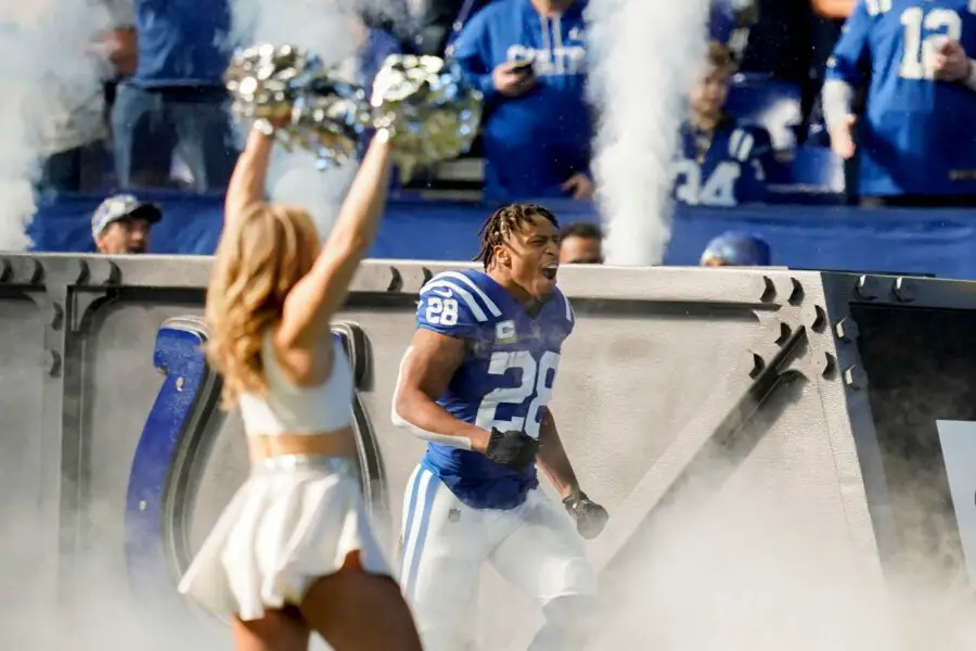 Indianapolis Colts running back Jonathan Taylor (28) runs out of the tunnel Sunday, Nov. 20, 2022, before a game against the Philadelphia Eagles at Lucas Oil Stadium in Indianapolis. © Armond Feffer/IndyStar / USA TODAY NETWORK