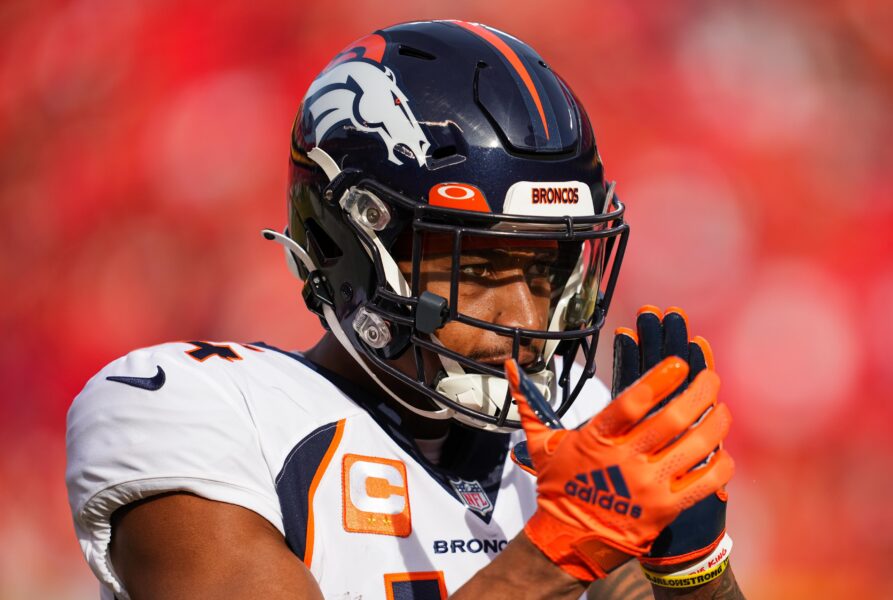 Jan 1, 2023; Kansas City, Missouri, USA; Denver Broncos wide receiver Courtland Sutton (14) warms up prior to a game against the Kansas City Chiefs at GEHA Field at Arrowhead Stadium. Mandatory Credit: Jay Biggerstaff-USA TODAY Sports (Green Bay Packers)