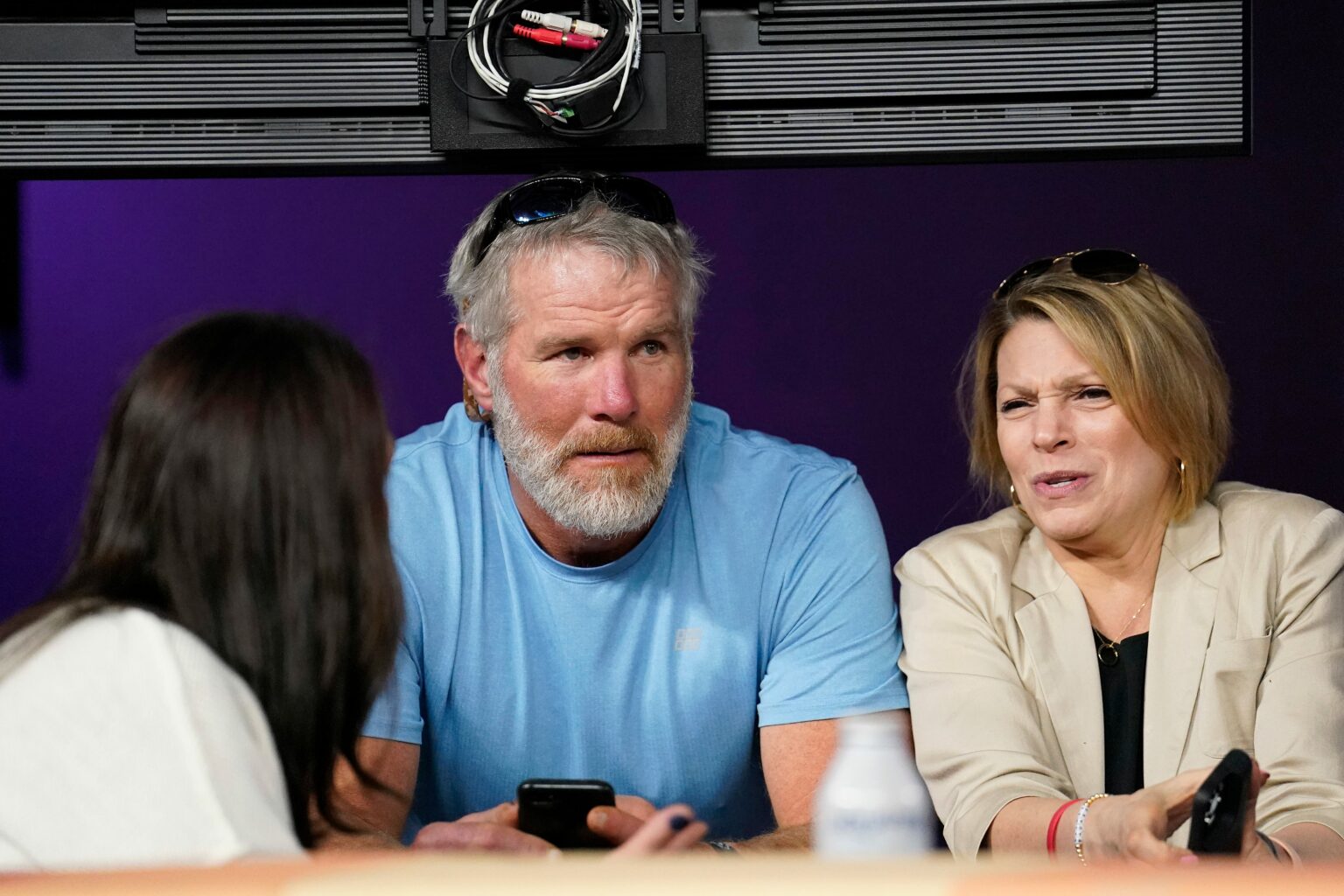 Former NFL quarterback Brett Favre watches from a suite in the third quarter of Super Bowl 56 between the Cincinnati Bengals and the Los Angeles Rams at SoFi Stadium in Inglewood, Calif., on Sunday, Feb. 13, 2022. The Rams came back in the final minutes of the game to win 23-20 on their home field. © Sam Greene/Cincinnati Enquirer / USA TODAY NETWORK (Green Bay Packers)