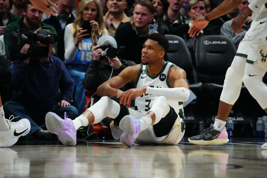 Mar 25, 2023; Denver, Colorado, USA; Milwaukee Bucks forward Giannis Antetokounmpo (34) reacts following a foul called in the fourth quarter against the Denver Nuggets at Ball Arena. Mandatory Credit: Ron Chenoy-USA TODAY Sports