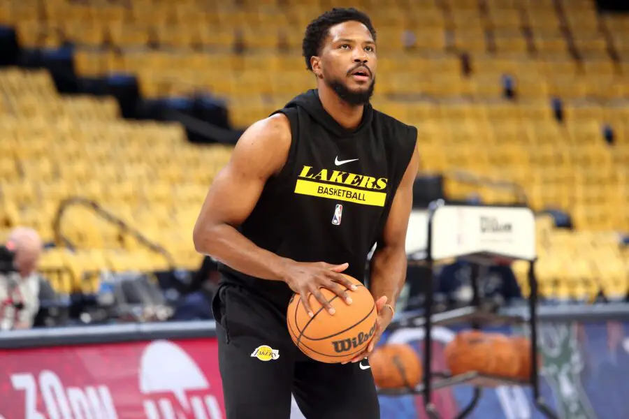 Apr 16, 2023; Memphis, Tennessee, USA; Los Angeles Lakers guard Malik Beasley (5) shoots during warm ups prior to game one of the 2023 NBA playoffs against the Memphis Grizzlies at FedExForum. Mandatory Credit: Petre Thomas-USA TODAY Sports