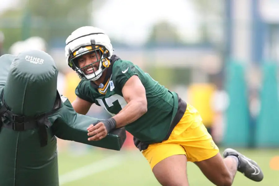 Jul 26, 2023; Green Bay, Wisconsin, USA; Green Bay Packers linebacker Justin Hollins (47) during the first day of training camp at Ray Nitschke Field. Mandatory Credit: Tork Mason-USA TODAY Sports