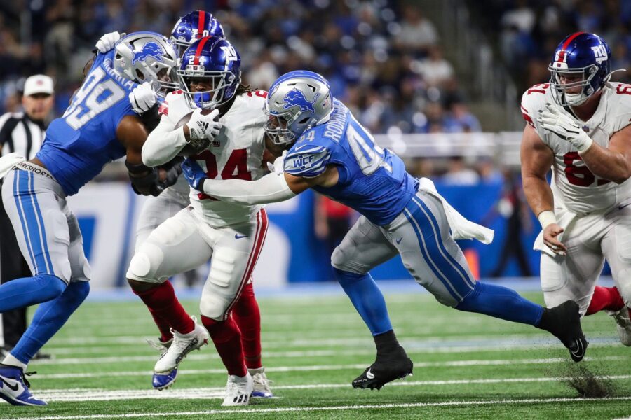 Detroit Lions linebacker Malcolm Rodriguez (44) tackles against New York Giants running back James Robinson (24) during the first half of a preseason at Ford Field in Detroit on Friday, Aug. 11, 2023. © Junfu Han/Detroit Free Press / USA TODAY NETWORK (Green Bay Packers)