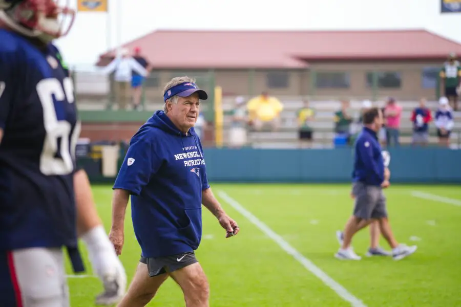 New England Patriots coach Bill Belichick walks off the field at Ray Nitschke Field following joint practice with the Green Bay Packers. August 17, 2023. © Kassidy Hill / USA TODAY NETWORK