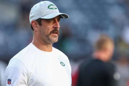 Aug 19, 2023; East Rutherford, New Jersey, USA; New York Jets quarterback Aaron Rodgers (8) during warmups for the Jets game against the Tampa Bay Buccaneers at MetLife Stadium. Mandatory Credit: Ed Mulholland-USA TODAY Sports Green Bay Packers